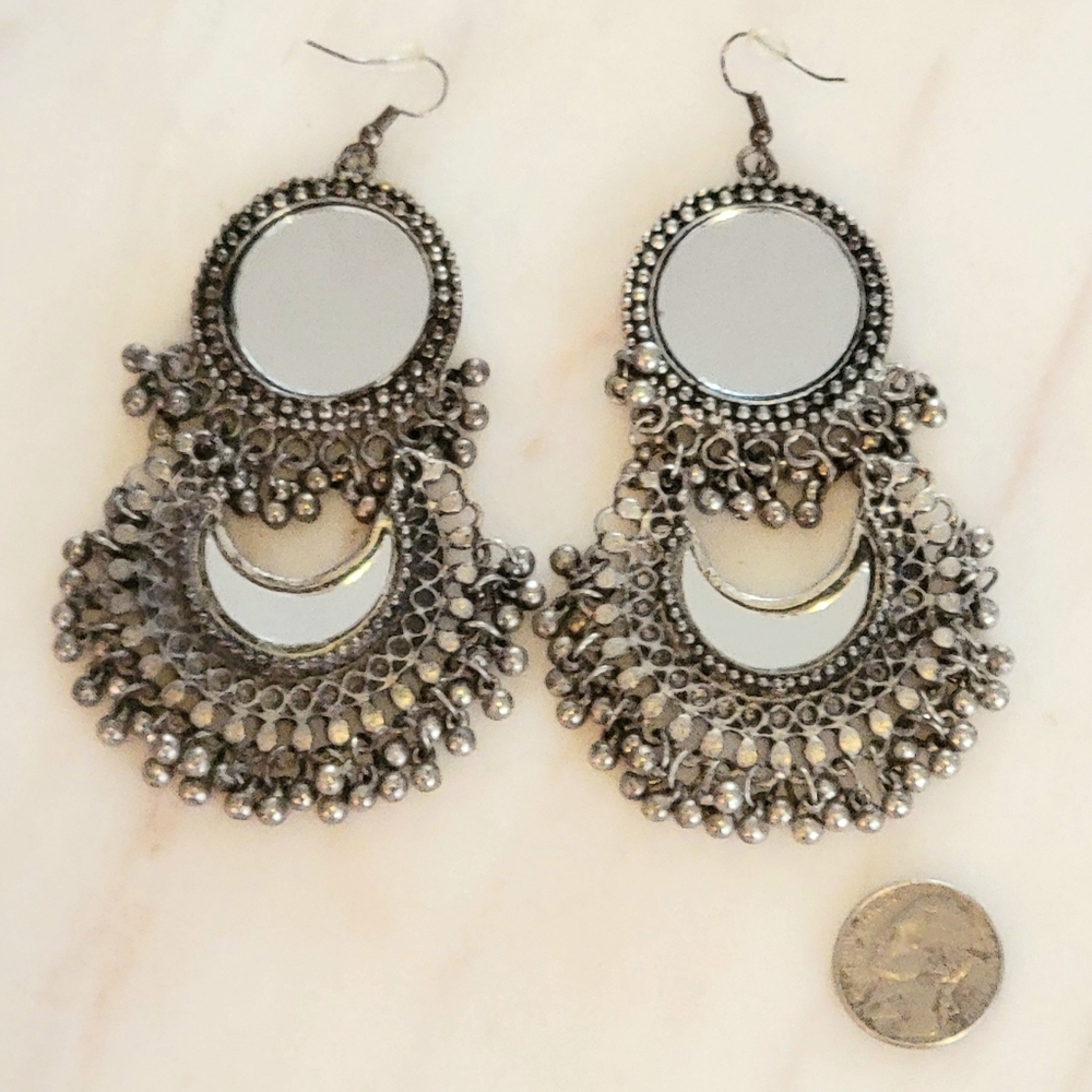 Large Elegant Silver Mirrored Chandelier Earrings NWOT